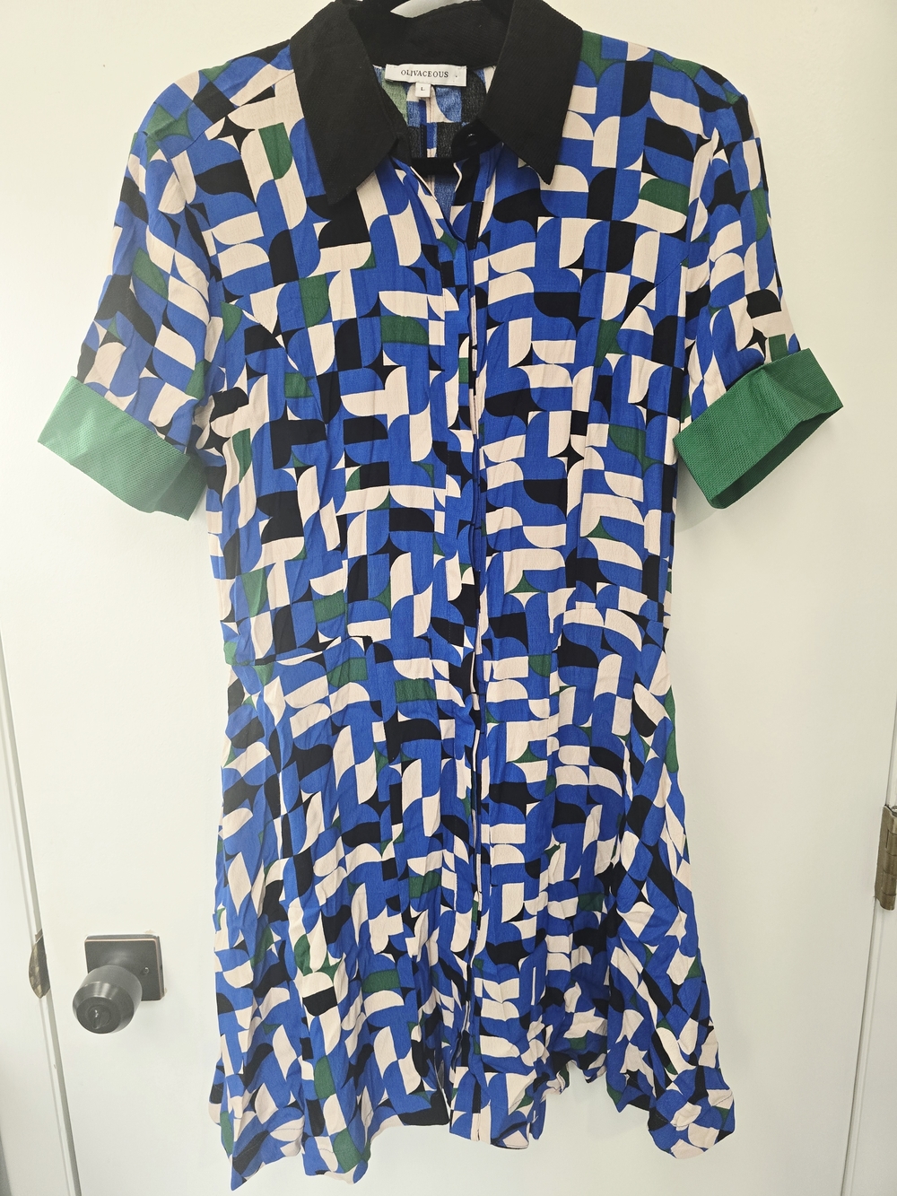 Olivaceous Womens Geometric Blue Green Collared Button Down Minidress-Lrg